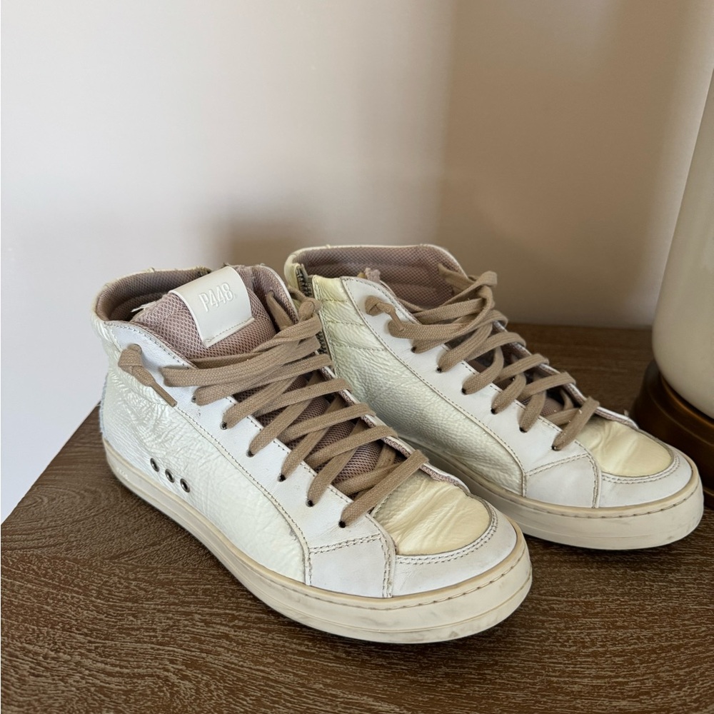 P448 White and Cream Patent Leather High-Top Sneakers